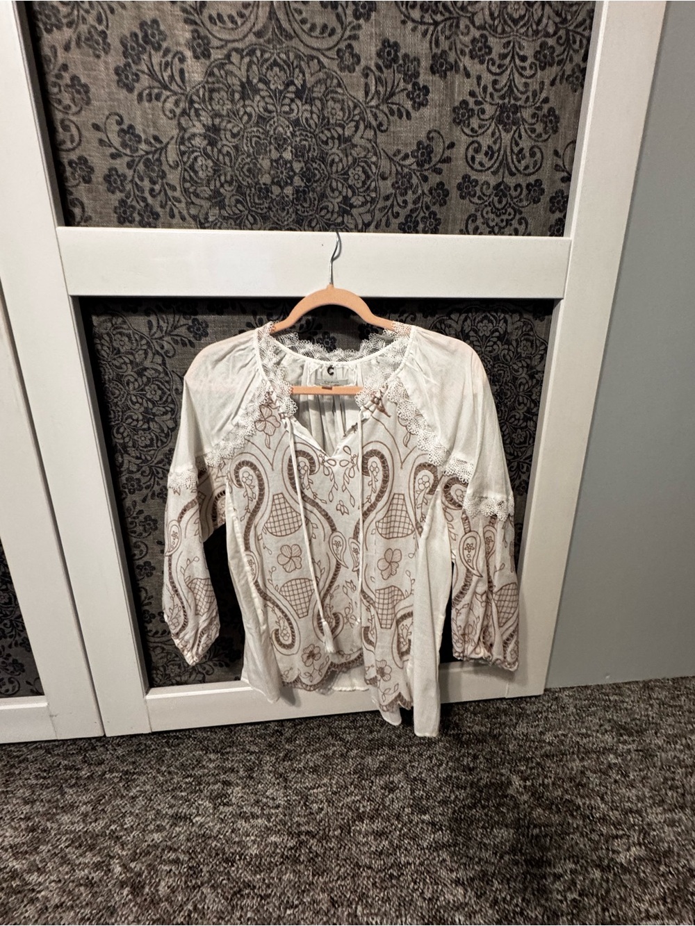 Cupio Cream Blouse with Brown Paisley Print and Tie Neck